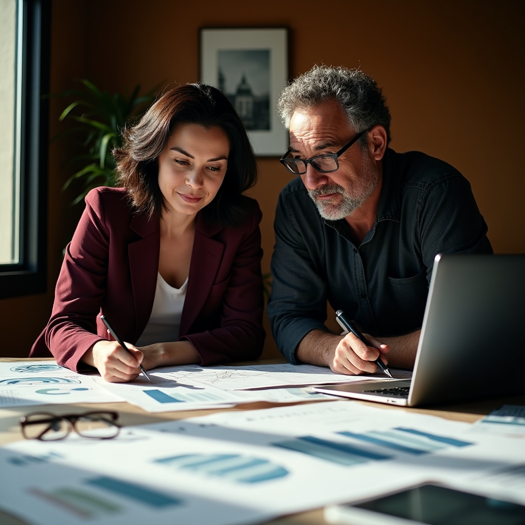 Dos personas analizando datos y gráficos sobre una mesa de trabajo con luz natural lateral