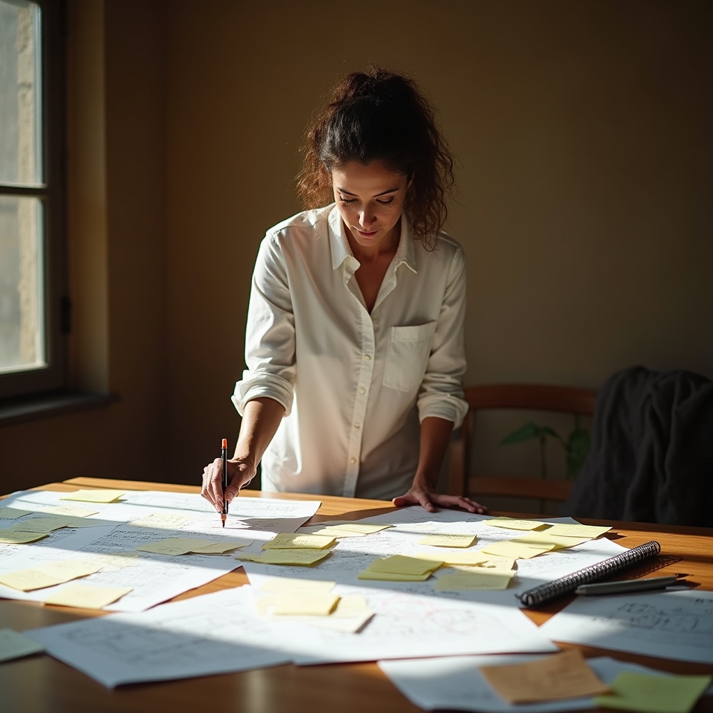 Empleado planificando su proyecto empresarial con notas y esquemas sobre una mesa
