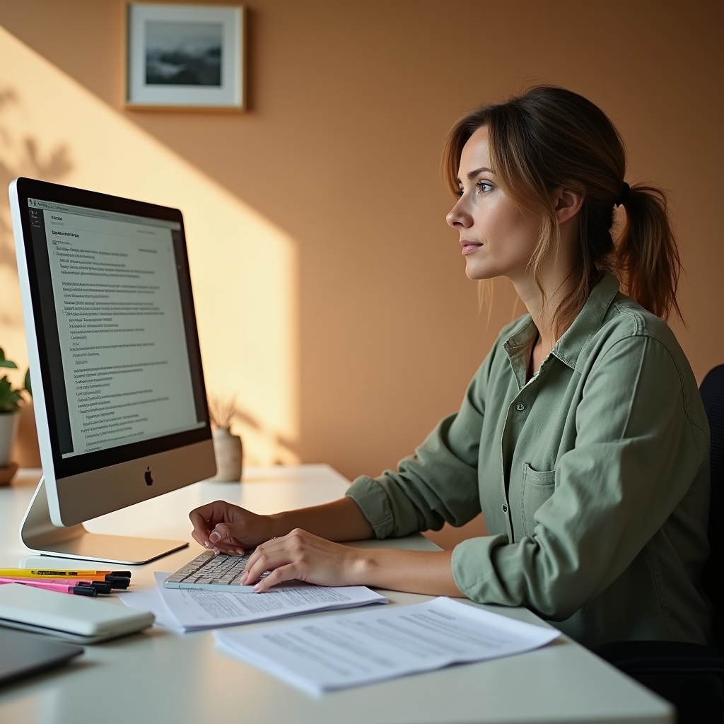 Profesional desarrollando contenido educativo en entorno de trabajo tranquilo con materiales de referencia