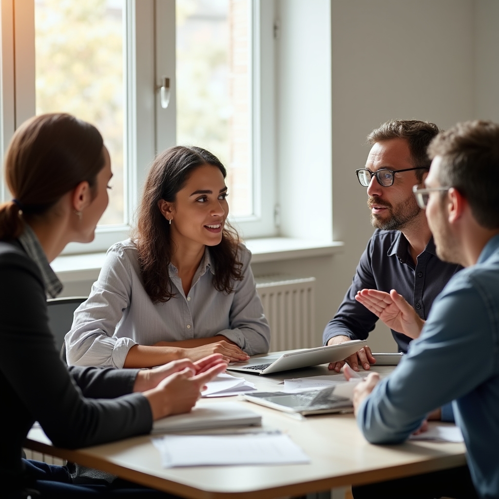 Grupo de personas en sesión formativa sobre emprendimiento en sala con luz natural en España