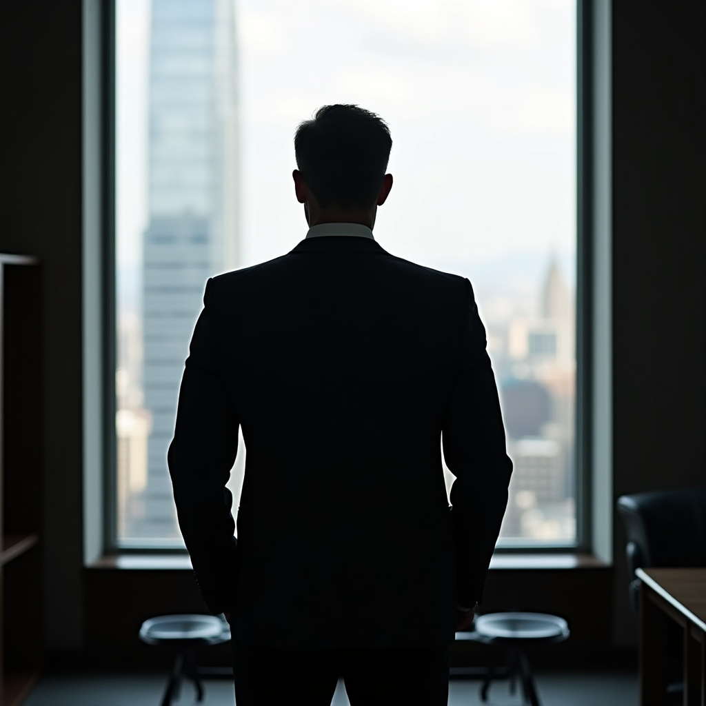 Profesional en traje mirando por una ventana con luz de atardecer, reflejando una decisión importante