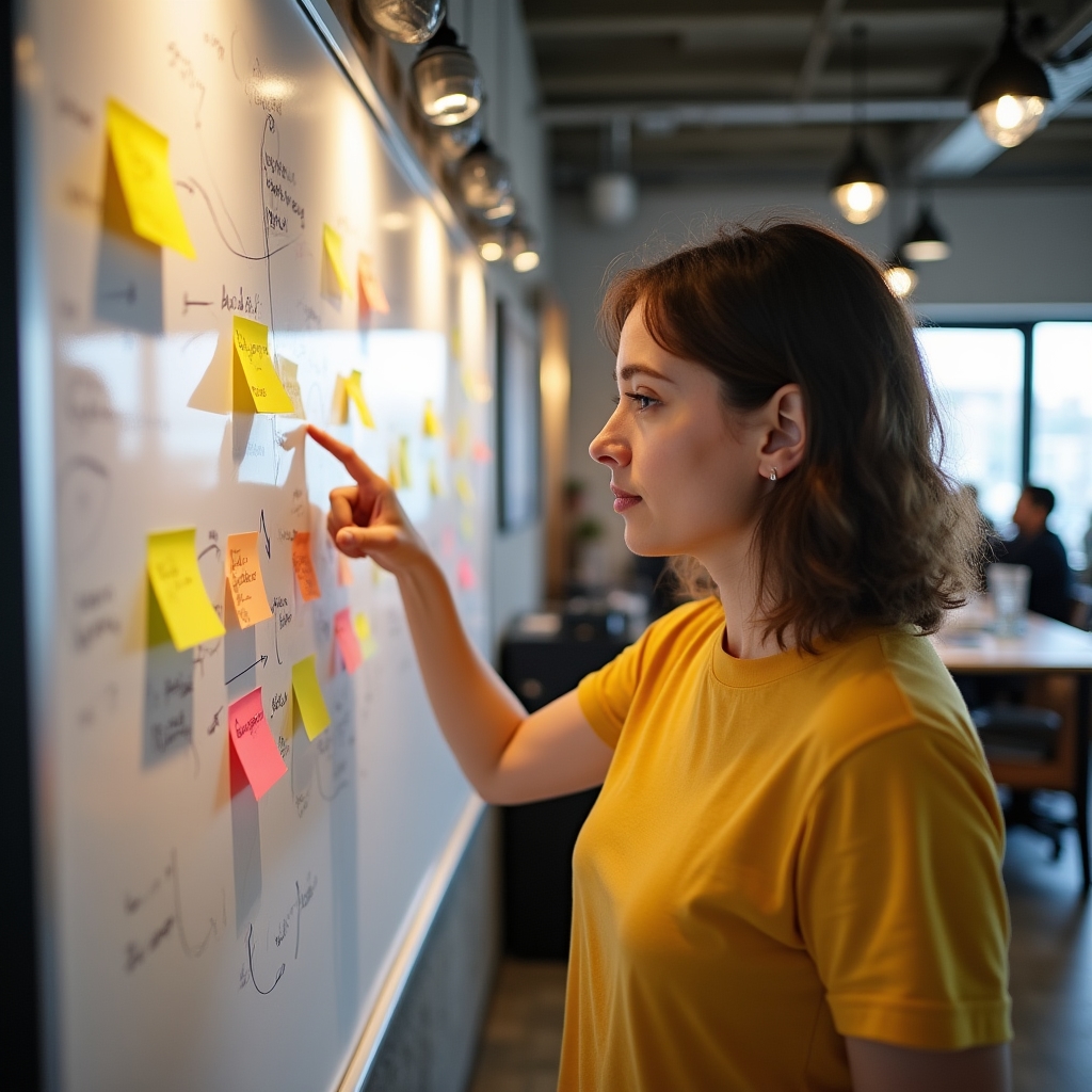 Persona trabajando con post-its y esquemas de validación sobre una pizarra en espacio de trabajo moderno